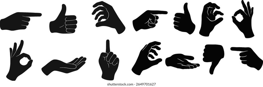 Múltiplos gestos manuais são ilustrados, mostrando uma variedade de expressões incluindo aprovação, desaprovação, direção e consulta. Cada gesto transmite um significado único, melhorando a comunicação.