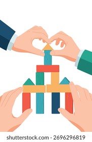 Multiple hands collaborate to build a colorful wooden block tower, symbolizing teamwork and construction.