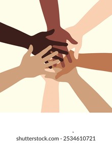 Multiple hands of different skin tones stacked together, representing unity and global diversity, and mutual tolerance 