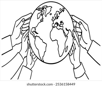 Multiple hands of diverse individuals holding a globe together symbolizing global unity, cooperation, and diversity