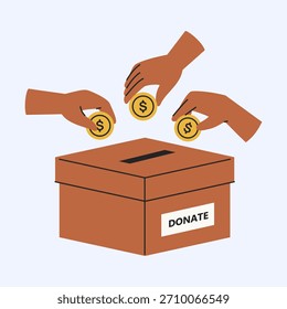Multiple hands drop gold coins with dollar signs into a brown donation box labeled "DONATE". This illustration conveys the concept of financial giving and community support.