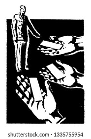 Multiple Hands Handing Man Cards in this picture, vintage line drawing or engraving illustration.