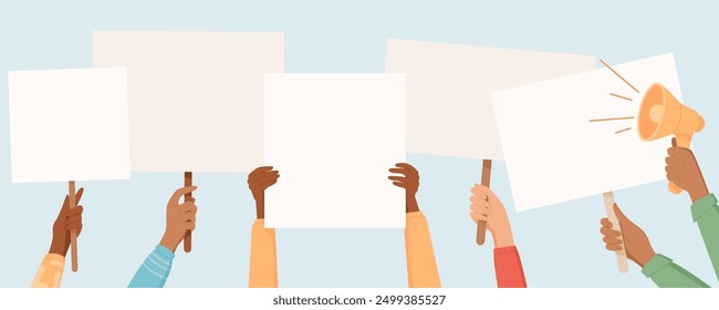 Multiple hands hold blank signs at a protest, showing solidarity. People grip template banners and placards with megaphones, displaying community strength and collective empowerment in their cause.