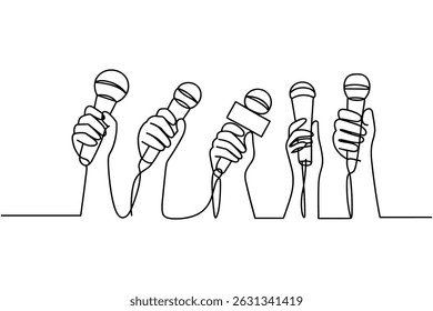Multiple Hands Holding Microphones Line Art Vector 