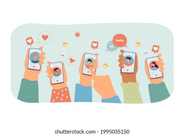 Multiple Hands Holding Smartphones With Dating App On Screen. Flat Vector Illustration. Young People Searching For Love, Romance, Relationship Online In Social Network. Love, Flirt, Technology Concept