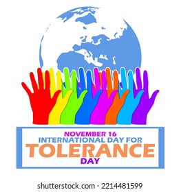 Multiple hands icon in different colors with earth icon and bold text on white background to commemorate International Day For Tolerance on November 16
