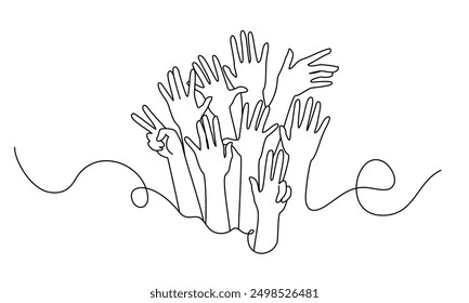 Multiple Hands in one continuous line drawing. One line poster. Outline multiply hands. Element for interior design and presentations. Vector illustration.