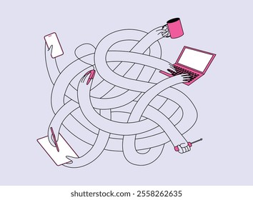 Multiple hands performing tasks like typing, holding a cup, fixing, and using devices. Concept of multitasking, teamwork, collaboration, and productivity. Flat vector illustration on a light