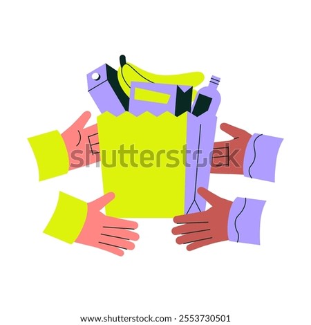Multiple Hands Reaching For Grocery Bag In Flat Vector Illustration Symbolizing Community Sharing, Shopping, And Assistance, Isolated On White Background