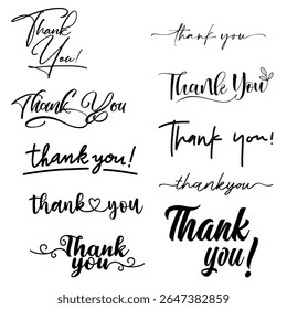 Multiple handwritten "Thank You" lettering styles in black. Ideal for elegant thank-you card designs, logos, custom gifts, stationery, and greeting templates.
