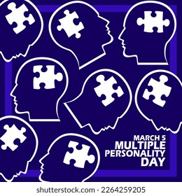 Multiple head icons containing different puzzle pieces with bold text and frame on dark blue background to commemorate Multiple Personality Day on March 5