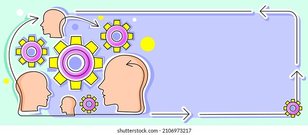 Multiple Heads With Cogs Showing Technology Ideas. Gears In Brain Symbols Design Displaying Mechanical And Technical Idea.