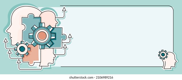 Multiple Heads With Cogs Showing Technology Ideas. Gears In Brain Symbols Design Displaying Mechanical And Technical Idea.