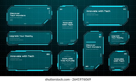Multiple heads up display text boxes for future technology and data information. Futuristic frames and interfaces for digital display. Vector graphics.