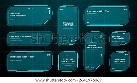 Multiple heads up display text boxes for future technology and data information. Futuristic frames and interfaces for digital display. Vector graphics.