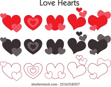 Ilustración vectorial de forma de múltiples corazones en rojo y negro