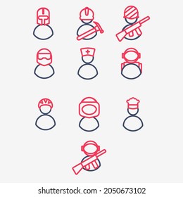 Multiple Helmet, hat and job icon set outline red black colored. Professional Worker Icon. User Icon.