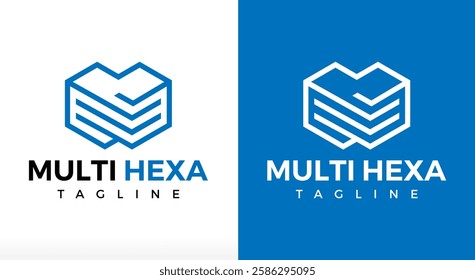 Multiple Hexagon Logo, Technology Files Logo, Stack Logo, hex Level up with tick mark icon, online real estate, online maker, multi works jobs and digital box shape, m shape, buyer seller trade crypto