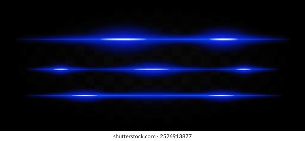 Multiple horizontal blue laser light beams with glowing effects on a transparent background. Perfect for sci-fi, technology, and futuristic designs.