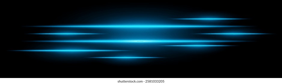 Multiple horizontal blue light beams glowing on black background. Abstract digital energy effect. Futuristic speed and technology concept for design and wallpaper