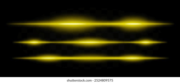 Multiple horizontal golden laser light beams with glowing effects on a transparent background. Perfect for sci-fi, technology, and futuristic designs.