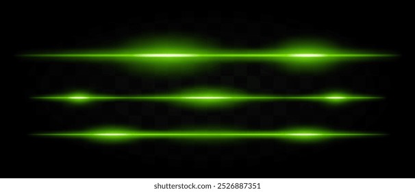 Multiple horizontal green laser light beams with glowing effects on a transparent background. Perfect for sci-fi, technology, and futuristic designs.