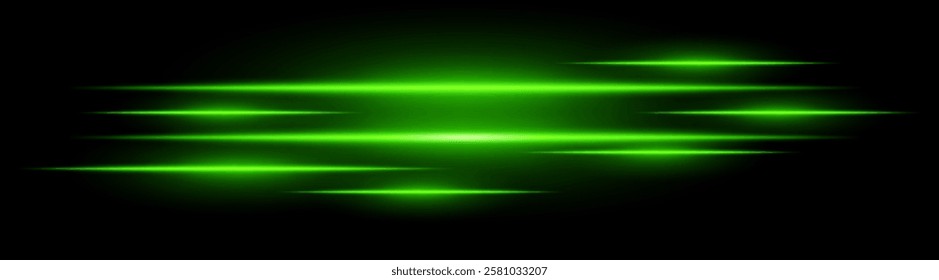 Multiple horizontal green light beams glowing on black background. Abstract digital energy effect. Futuristic speed and technology concept for design and wallpaper