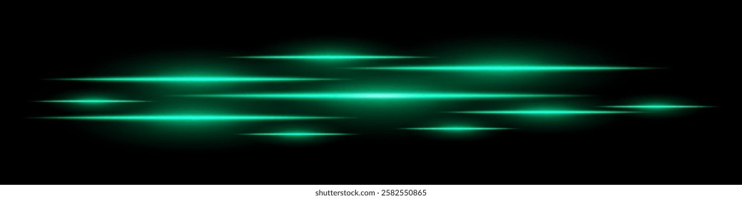Multiple horizontal green light beams glowing on black background. Abstract digital energy effect. Futuristic speed and technology concept for design and wallpaper