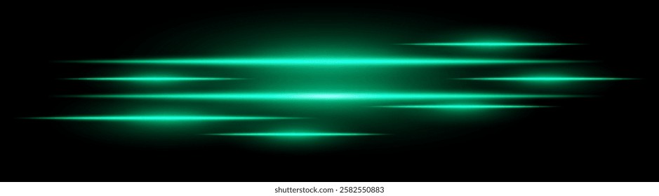 Multiple horizontal green light beams glowing on black background. Abstract digital energy effect. Futuristic speed and technology concept for design and wallpaper