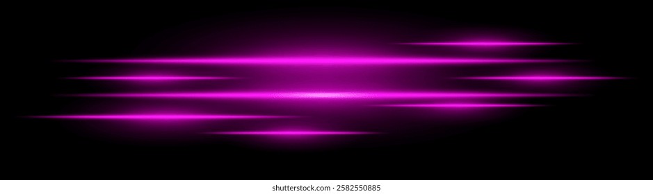 Multiple horizontal pink light beams glowing on black background. Abstract digital energy effect. Futuristic speed and technology concept for design and wallpaper