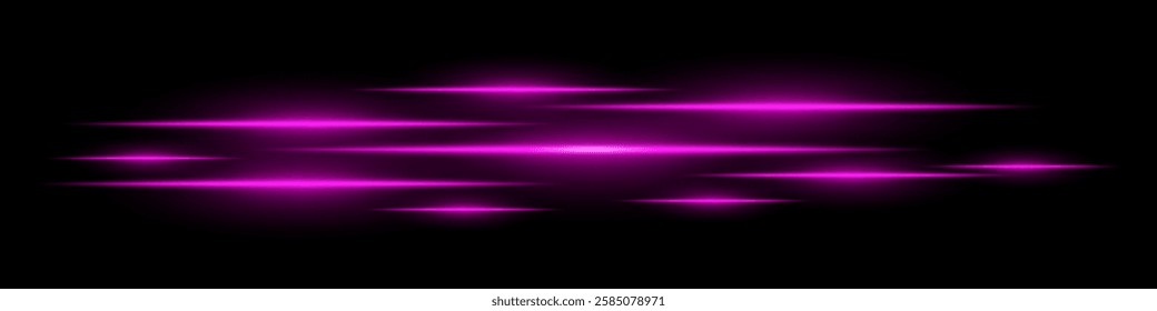 Multiple horizontal pink light beams glowing on black background. Abstract digital energy effect. Futuristic speed and technology concept for design and wallpaper