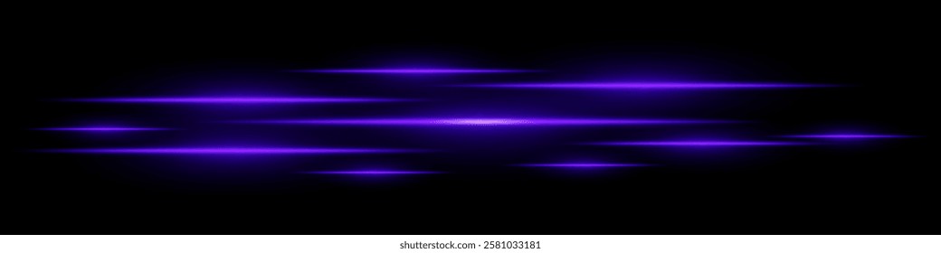 Multiple horizontal purple light beams glowing on black background. Abstract digital energy effect. Futuristic speed and technology concept for design and wallpaper