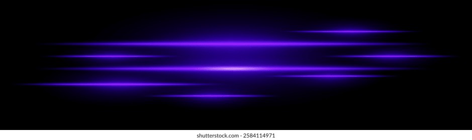 Multiple horizontal purple light beams glowing on black background. Abstract digital energy effect. Futuristic speed and technology concept for design and wallpaper