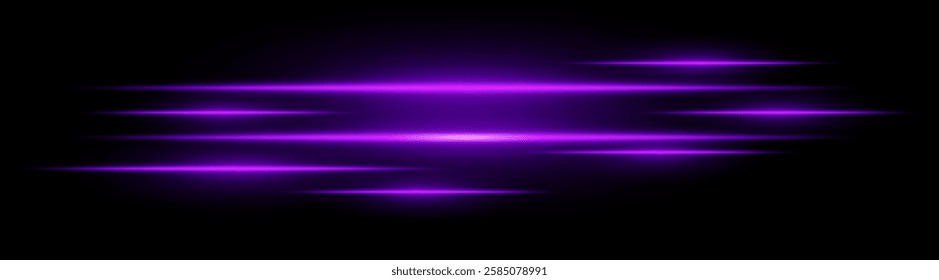 Multiple horizontal purple light beams glowing on black background. Abstract digital energy effect. Futuristic speed and technology concept for design and wallpaper