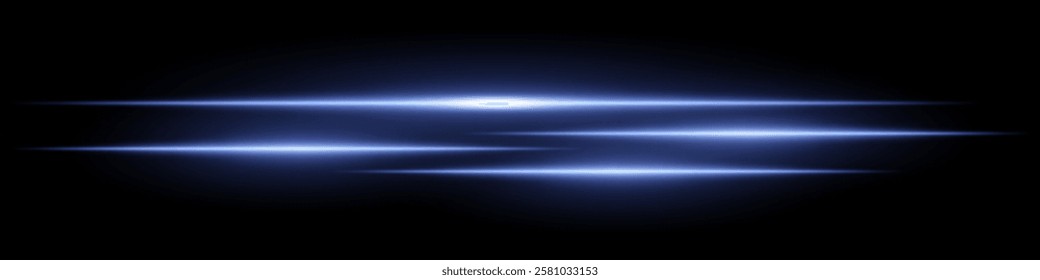Multiple horizontal soft blue light beams glowing on black background. Abstract digital energy effect. Futuristic speed and technology concept for design and wallpaper