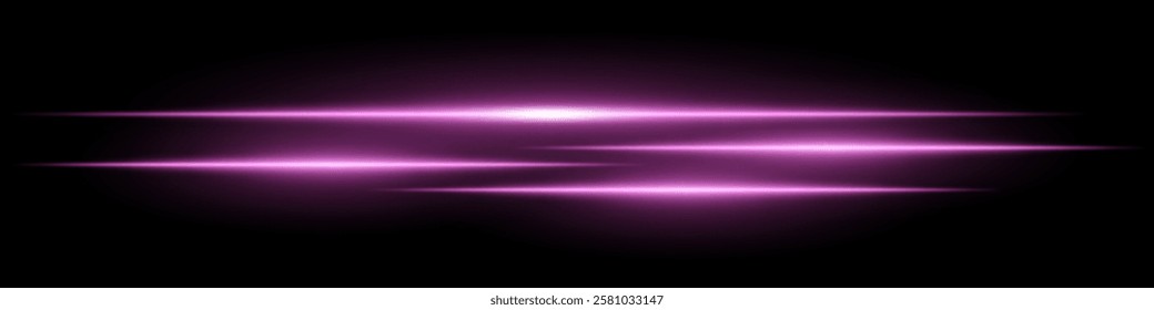 Multiple horizontal soft pink light beams glowing on black background. Abstract digital energy effect. Futuristic speed and technology concept for design and wallpaper