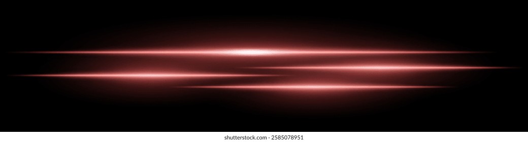 Multiple horizontal soft red light beams glowing on black background. Abstract digital energy effect. Futuristic speed and technology concept for design and wallpaper