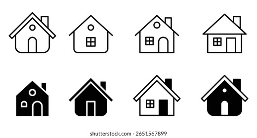 Icono de casa múltiple. Conjunto de iconos de línea de inicio de contorno aislados sobre un fondo blanco. Iconos de la casa Iniciar sesión plano color negro