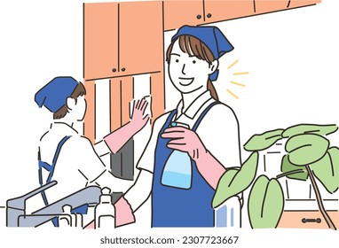 Multiple housekeeper women in aprons cleaning the kitchen
