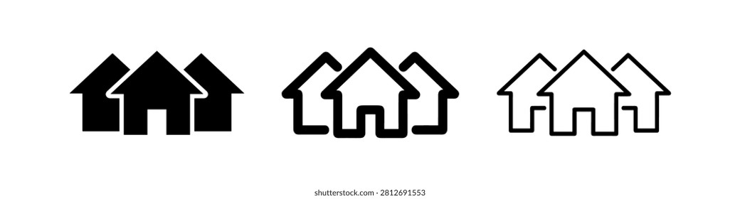 Multiple houses icon set, three variations: solid black, outlined, and filled outline