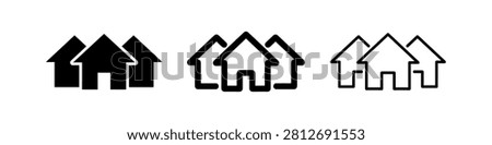 Multiple houses icon set, three variations: solid black, outlined, and filled outline