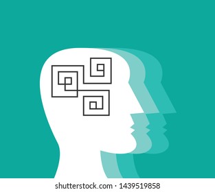 Multiple human or android head profiles with geometric labyrinth line in head as brain. Symbol of crowd control, mind order, artificial intelligence, people management. Vector illustration.