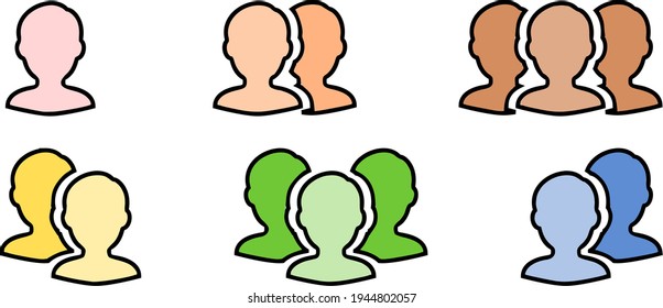 Multiple human line art icon set. Illustrations of silhouettes of one, two, and three humans. Colorful human silhouettes representing users and members.