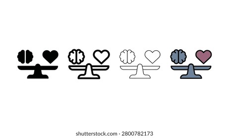 Multiple icons depict a balance scale weighing a brain against a heart showcasing different artistic renderings
