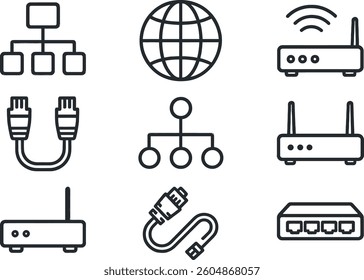 Multiple icons display essential elements of network connections, including routers, cables, and global connectivity symbols, showcasing internet technology in a clean format.