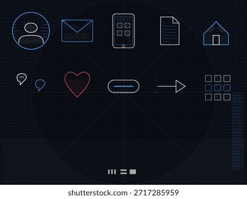 Multiple icons are displayed on a dark background, showing functions like messaging, documents, phone use, and home. They illustrate common digital tasks and activities.