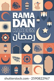 Multiple icons for greeting card of Ramadan with arabic calligraphy means "Ramadan"