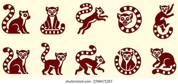 Multiple icons of lemurs in different poses and styles with illustration wildlife collection