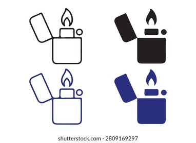 Multiple icons of metallic cigarette lighters with visible flames designed in black and blue outline or solid fill styles for smoking or camping gear themes.