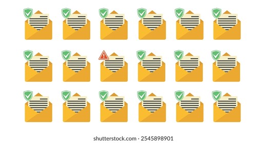 Multiple icons of open envelopes with attached documents, featuring checkmarks and warning symbols.